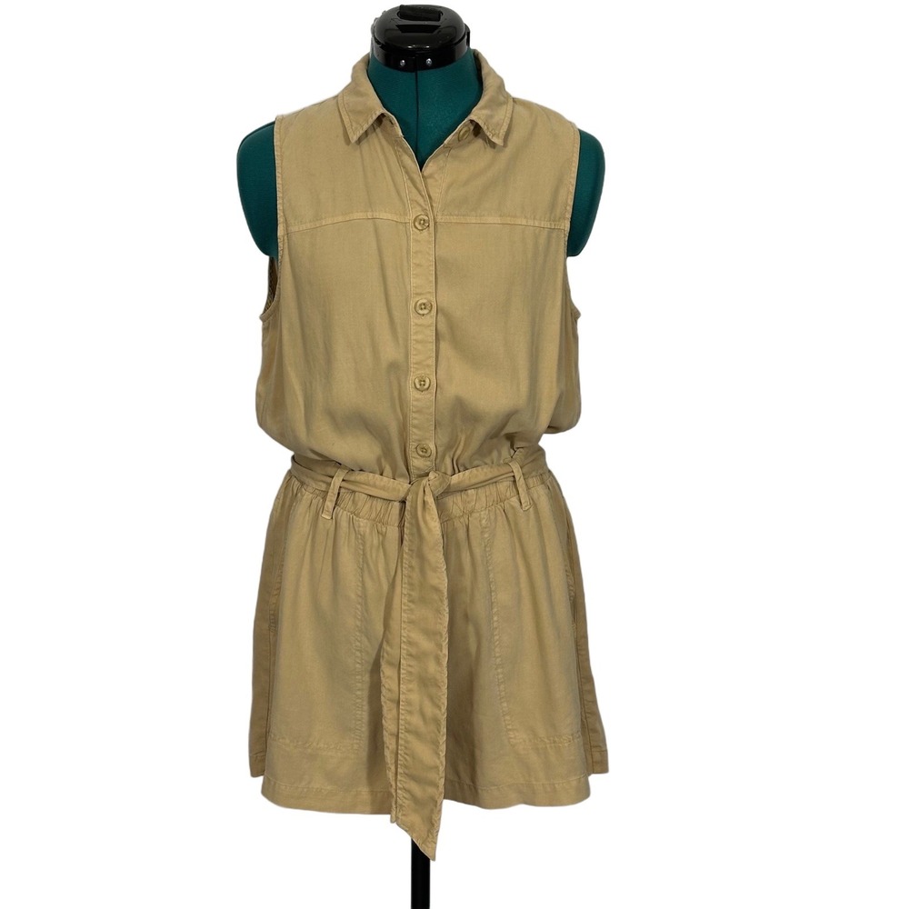 Cloth & Stone Romper Button Front Tie Waist Size M Tan Utility Safari Sleeveless